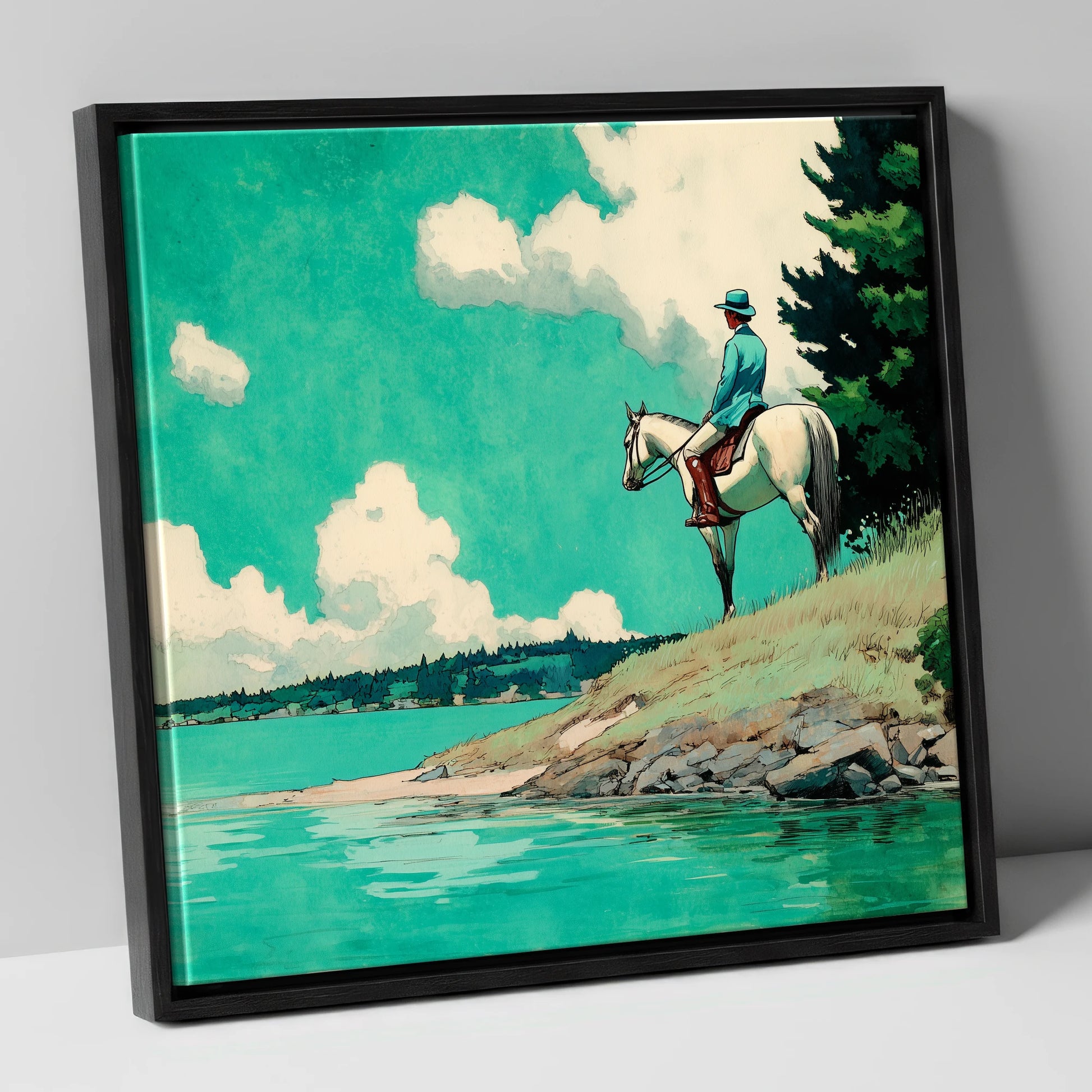 Teal Waters Vantage beach horse canvas wall art in black frame