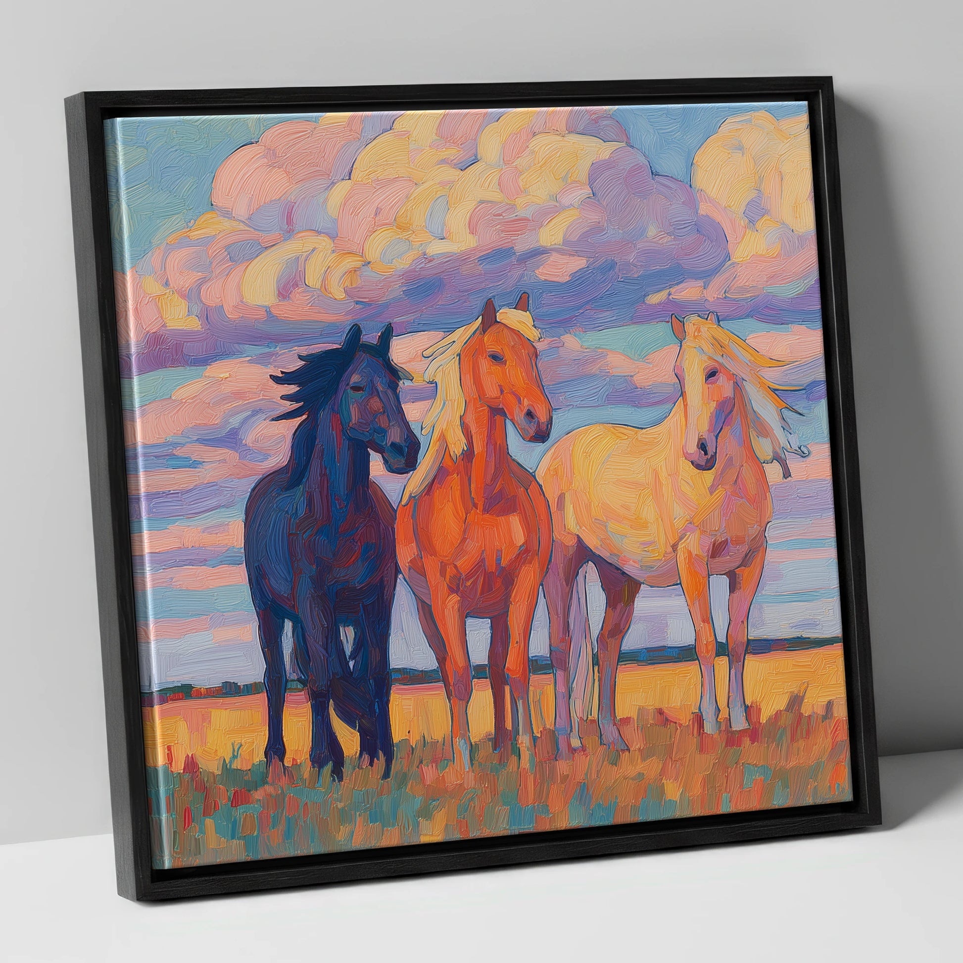 Three Under Painted Skies horse landscape canvas wall art in black frame