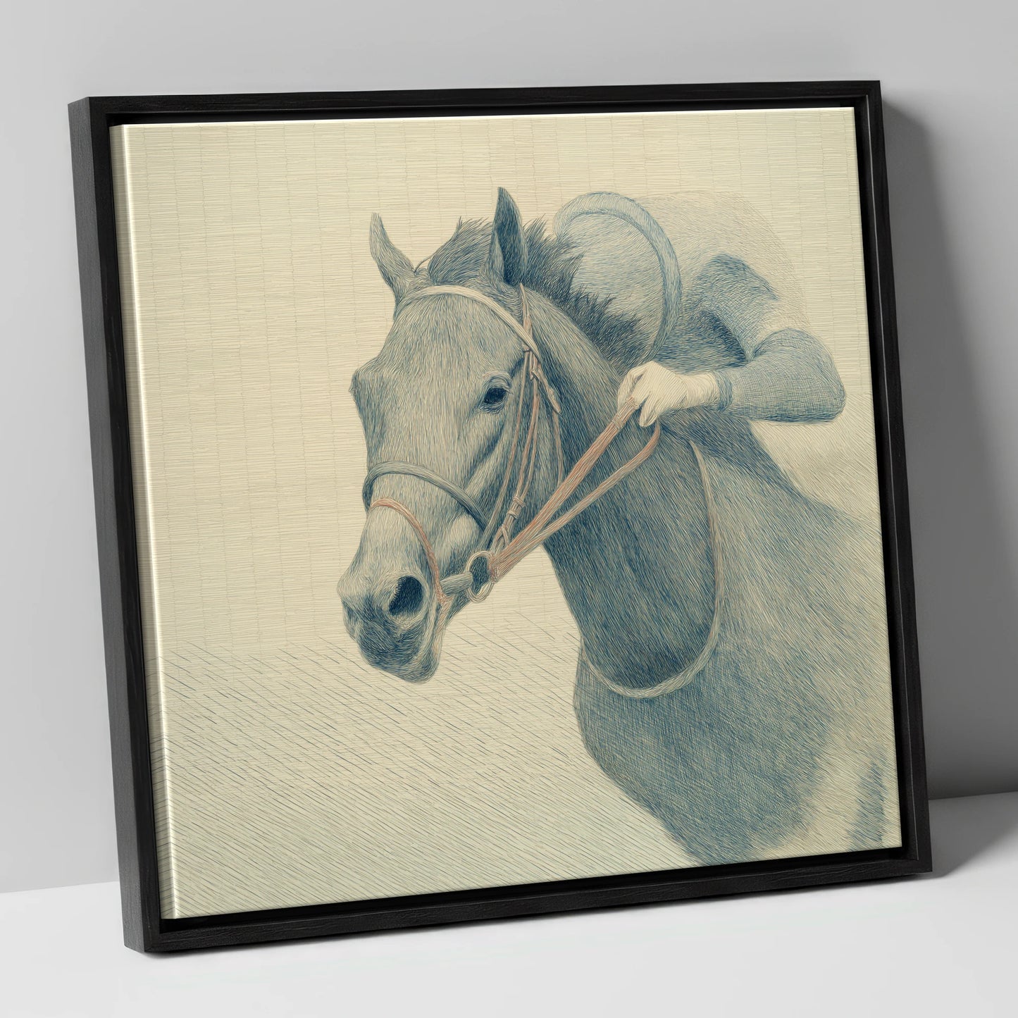 Quiet Precision racing horse canvas wall art in black frame