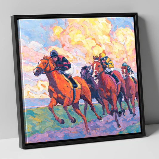 Thundering Sunset racing horse canvas wall art in black frame