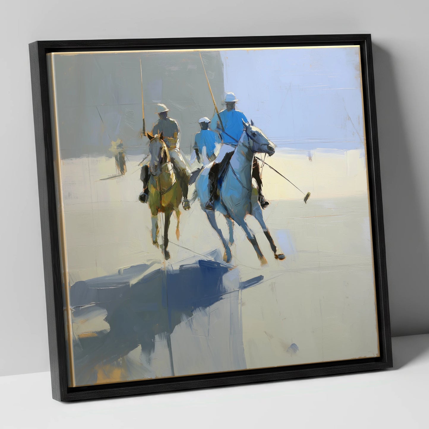 Slate Blue Chukka polo horse canvas wall art in black frame