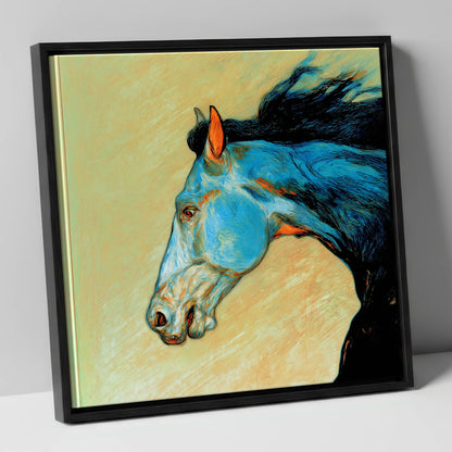 Cerulean Spirit racing horse canvas wall art in black frame