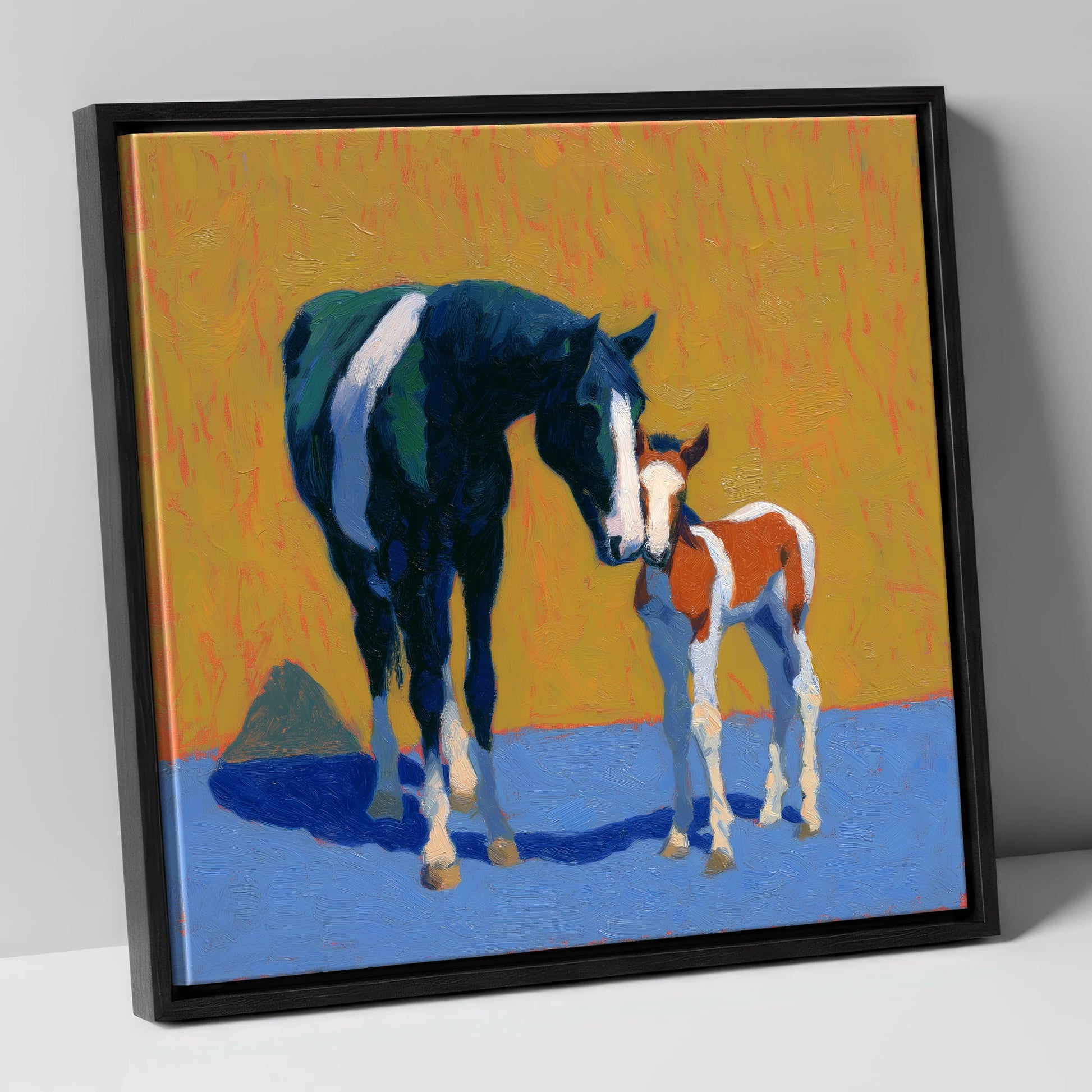 Sun-Drenched Devotion mare & foal canvas wall art in black frame