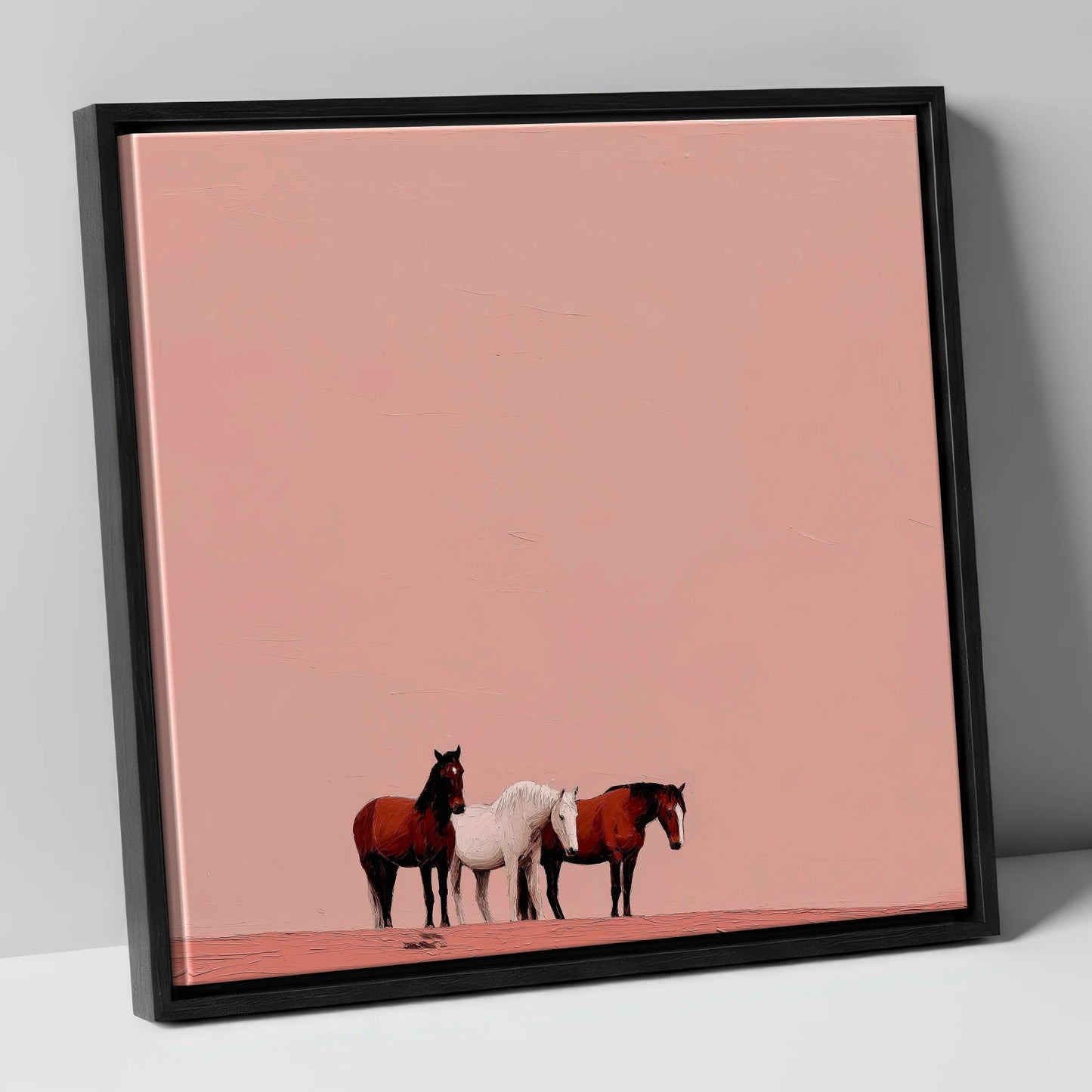 The Blush Horizon wild horses canvas wall art in black frame
