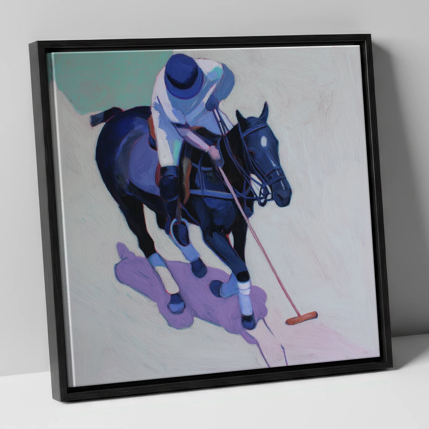 The Indigo Swing polo horse canvas wall art in black frame