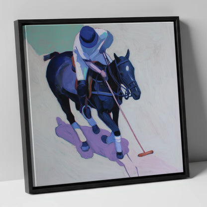 The Indigo Swing polo horse canvas wall art in black frame