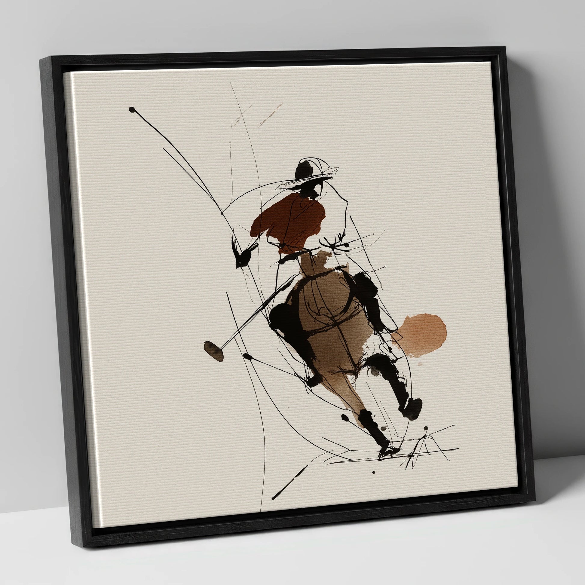 Dynamic Chukka polo horse canvas wall art in black frame