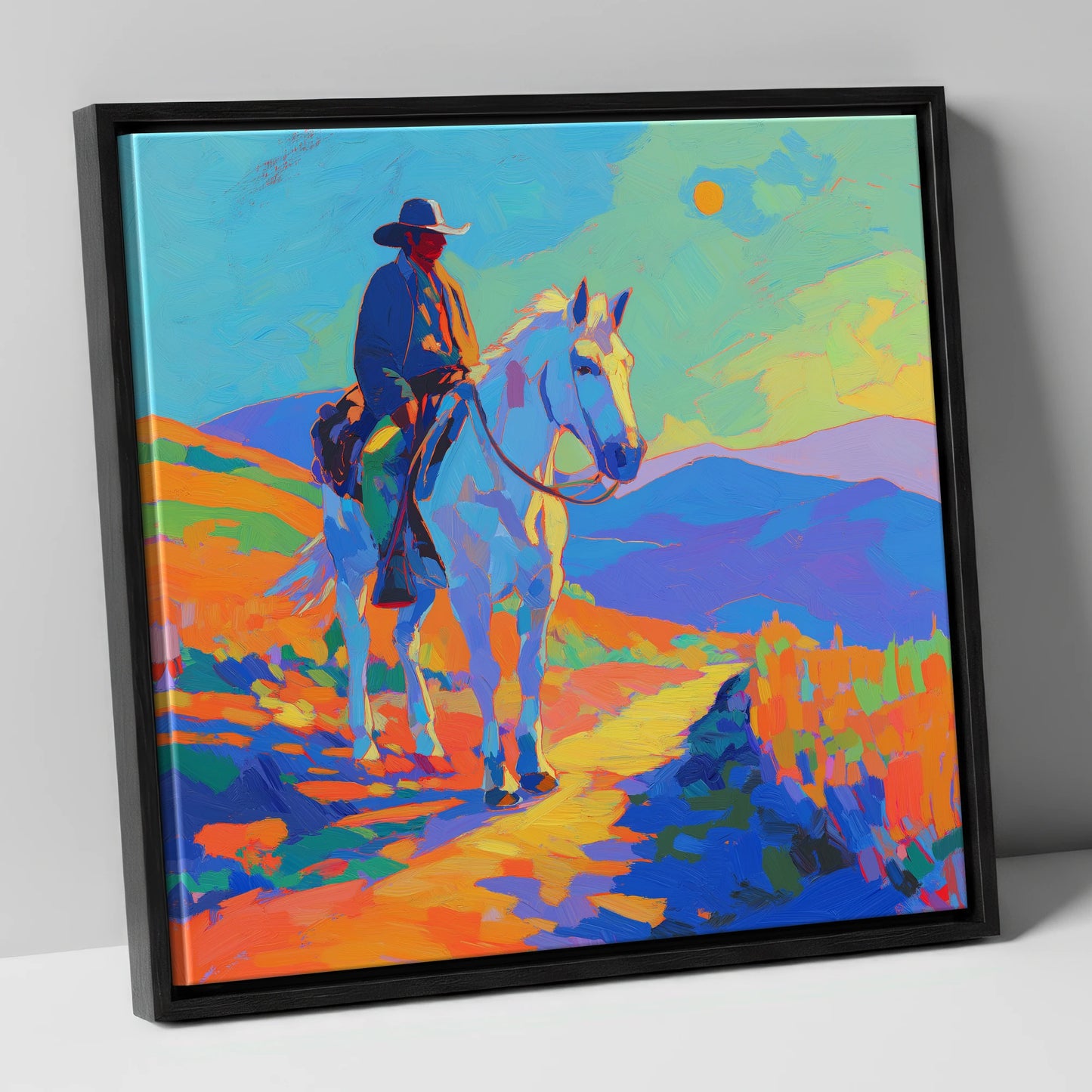 Painted Western Sun western horse canvas wall art in black frame