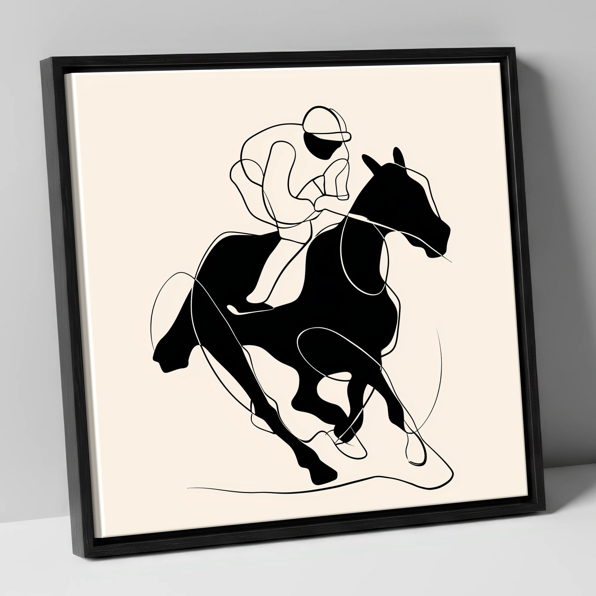 Silhouetted Gallop racing horse canvas wall art in black frame
