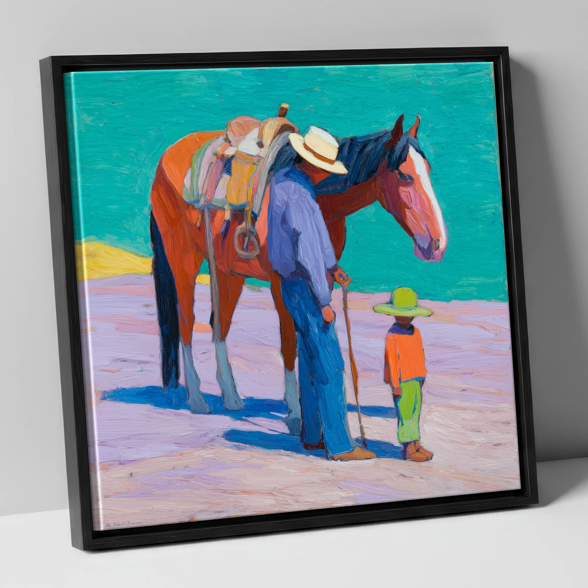 Sunlit Companions horse & rider canvas wall art in black frame