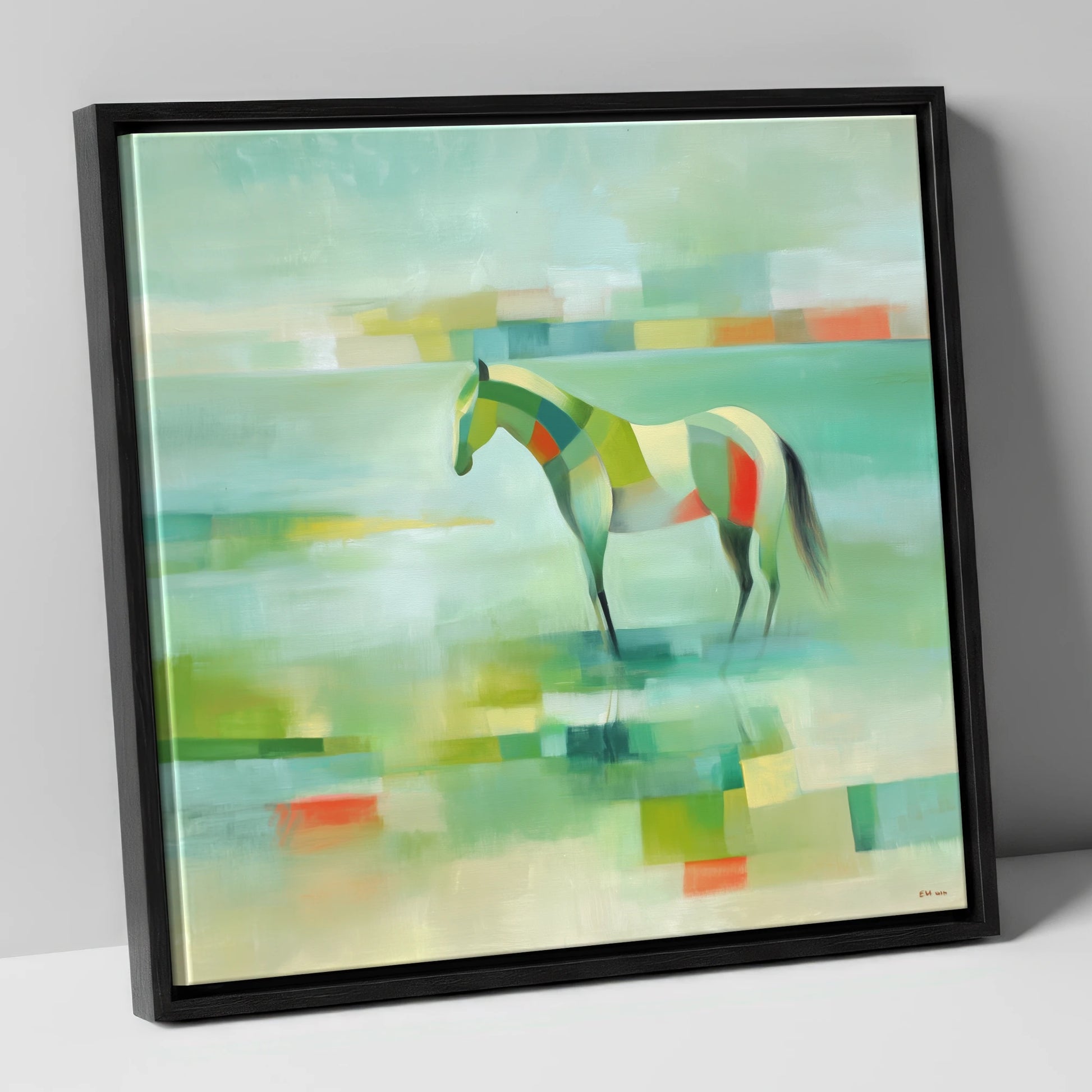 Emerald Beach Mosaic beach horse canvas wall art in black frame