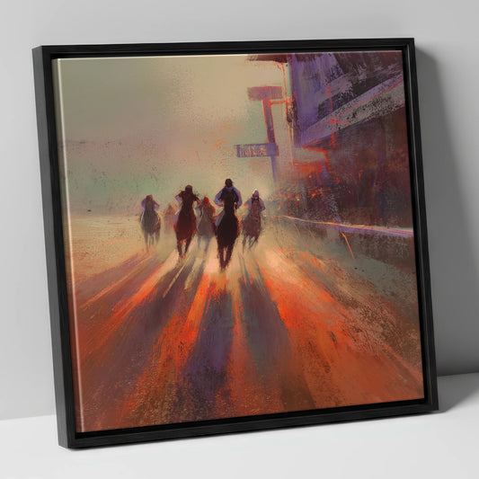 Shadows on the Track racing horse canvas wall art in black frame