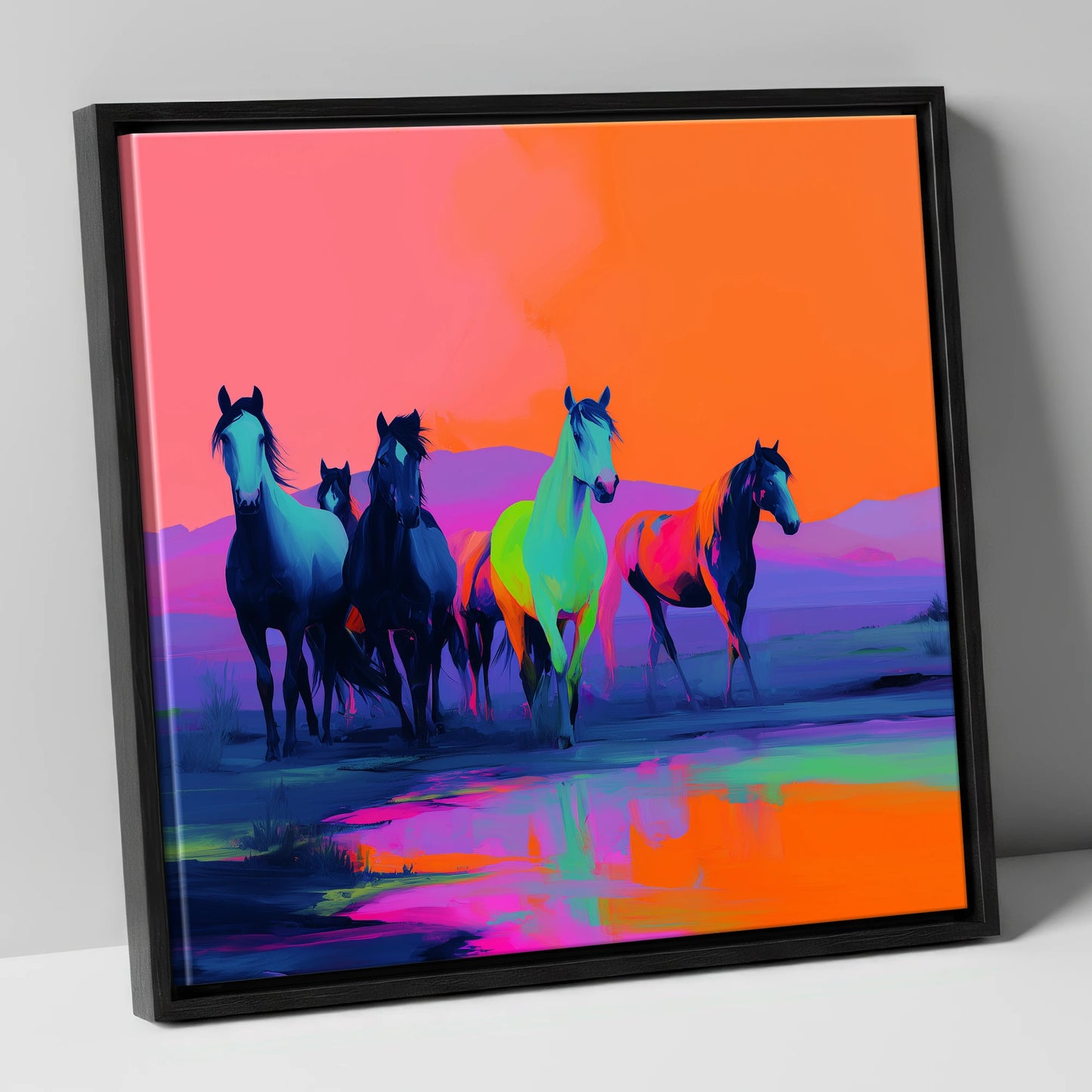 Electric Horizons wild horses canvas wall art in black frame
