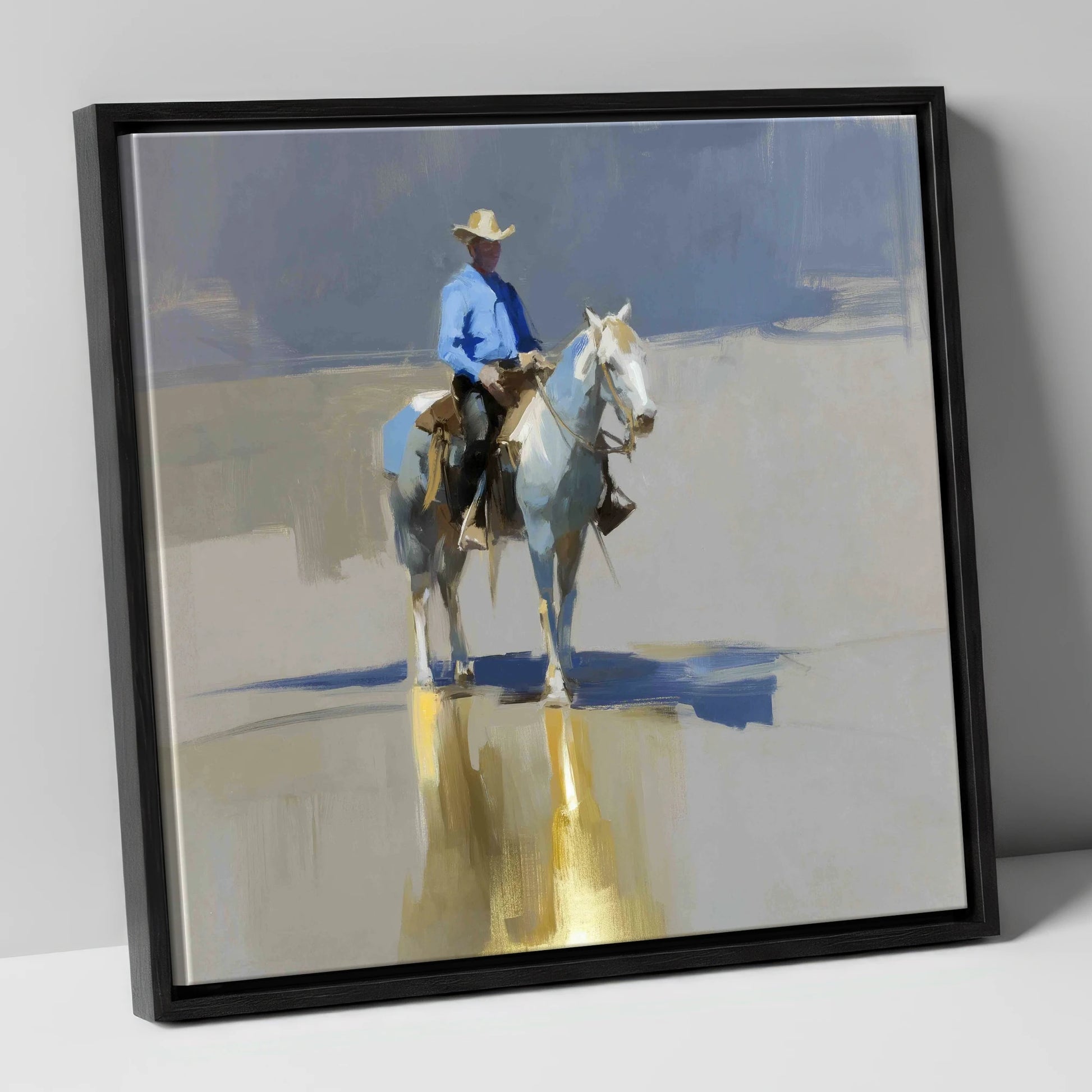 The Sunlit Rider western horse canvas wall art in black frame