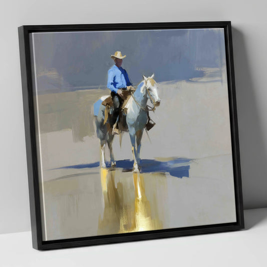 The Sunlit Rider western horse canvas wall art in black frame