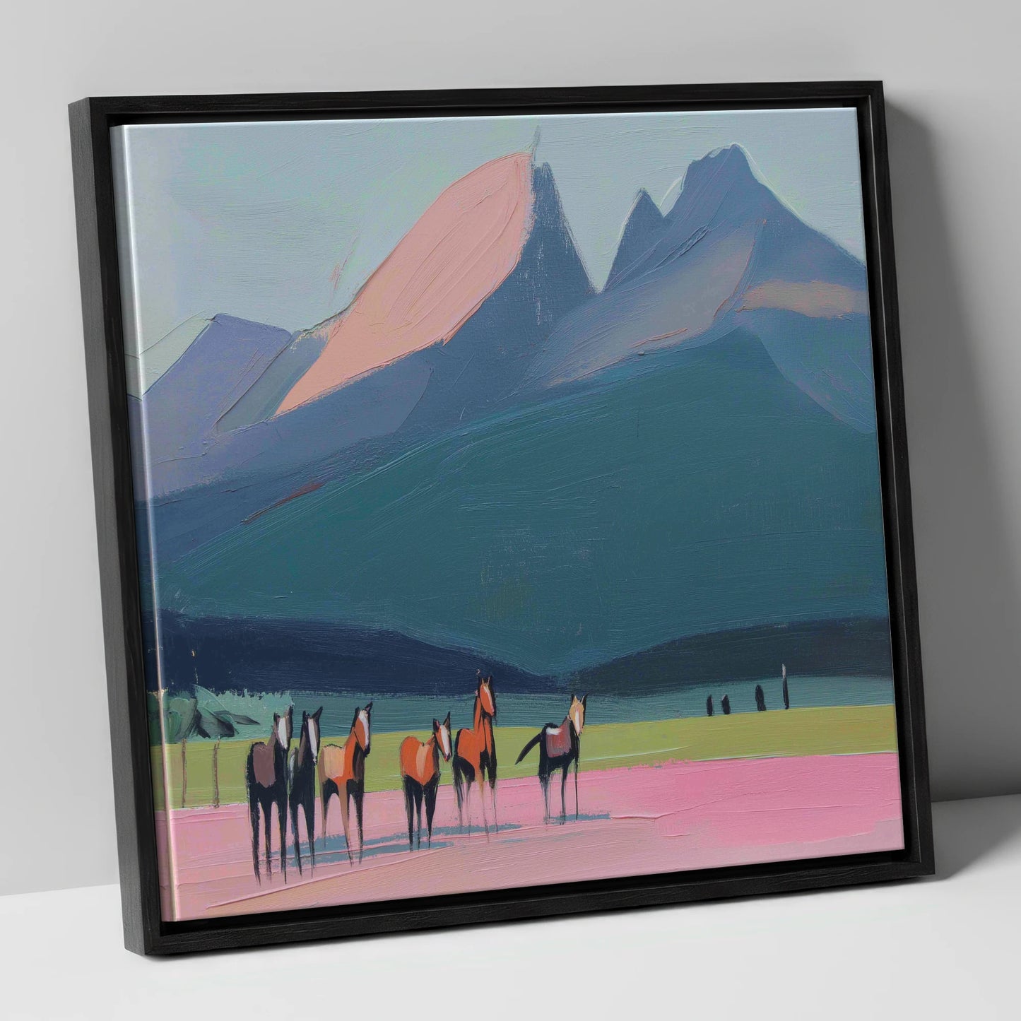 Rose Peaks Herd horse landscape canvas wall art in black frame