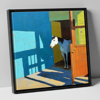 Sunlight on the Yard horse stable canvas wall art in black frame