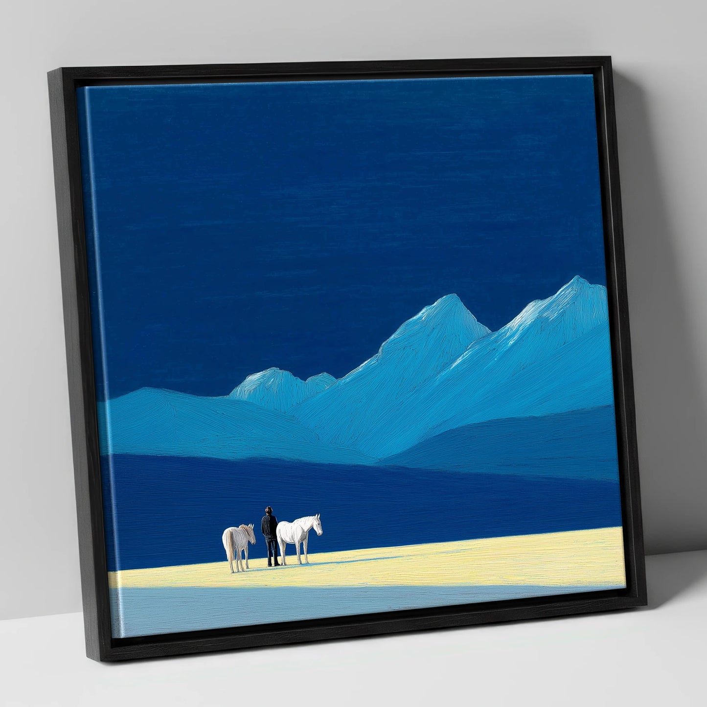 Azure Mountain Solitude horse landscape canvas wall art in black frame