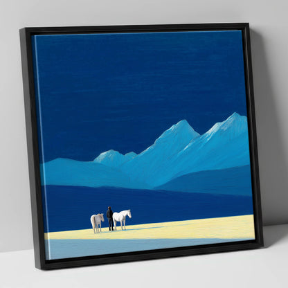 Azure Mountain Solitude horse landscape canvas wall art in black frame