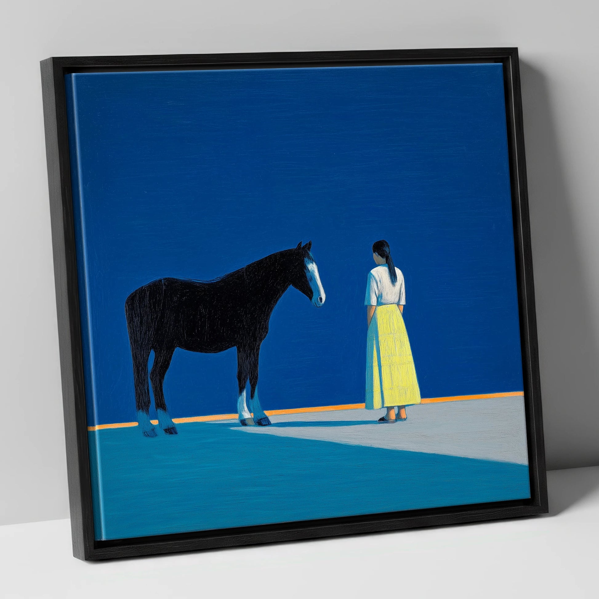 The Meeting Place horse & rider canvas wall art in black frame