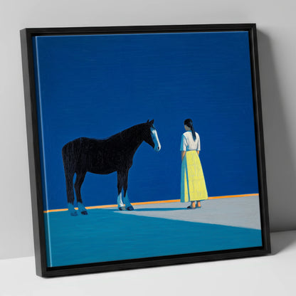 The Meeting Place horse & rider canvas wall art in black frame