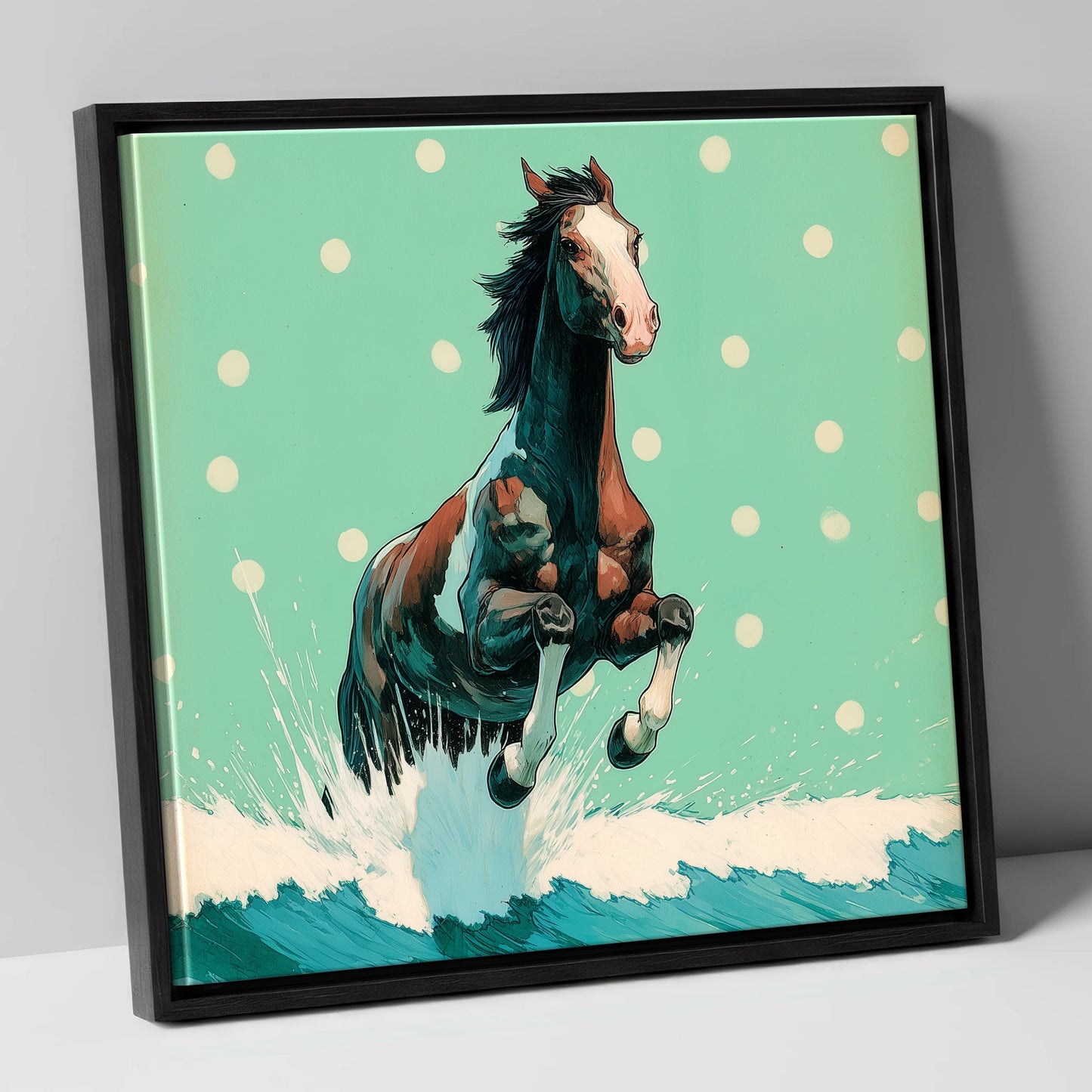 Graphic Ocean Surge beach horse canvas wall art in black frame