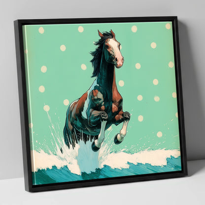 Graphic Ocean Surge beach horse canvas wall art in black frame