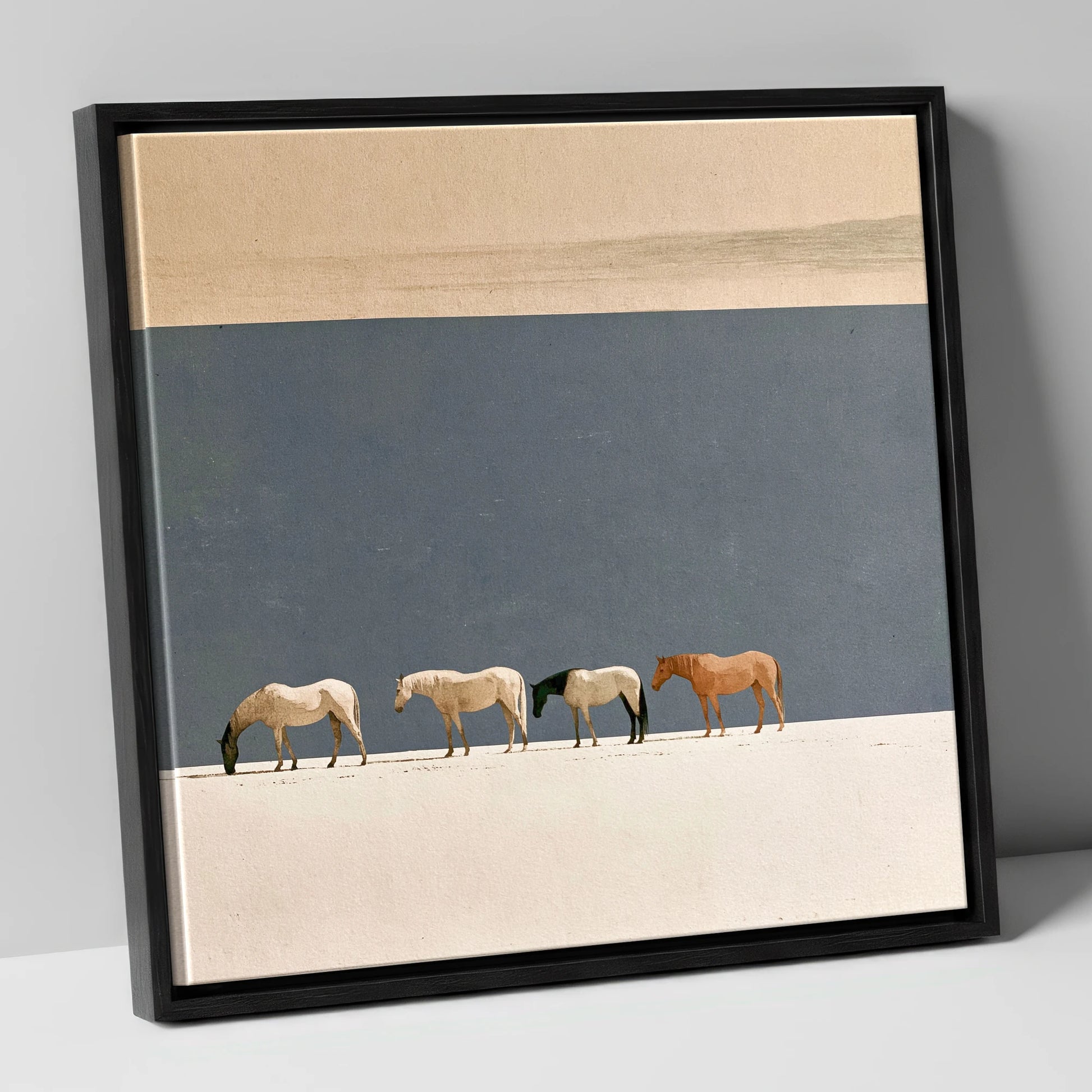 Stillness on the Horizon horse landscape canvas wall art in black frame
