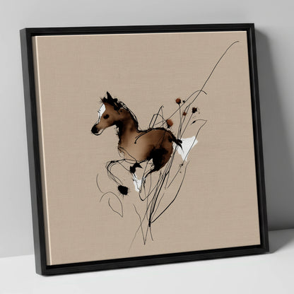 Joyful Bound horse portrait canvas wall art in black frame