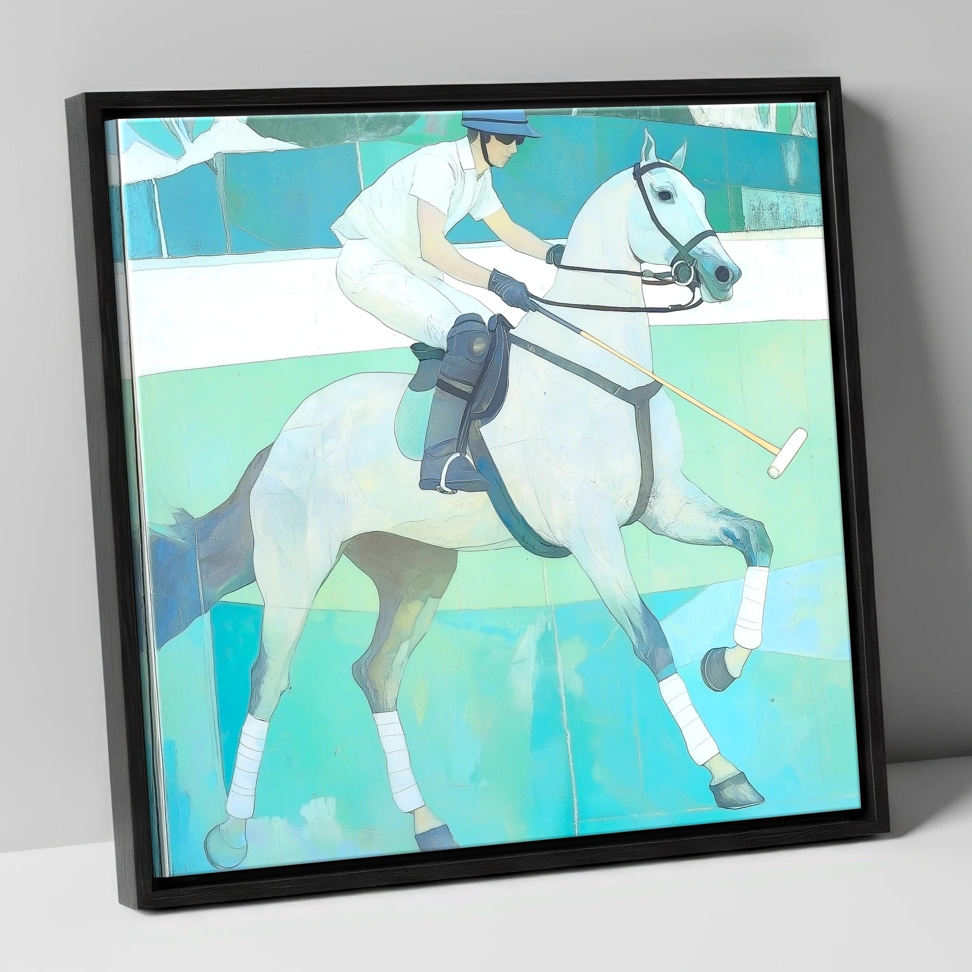 The Serene Chukka polo horse canvas wall art in black frame