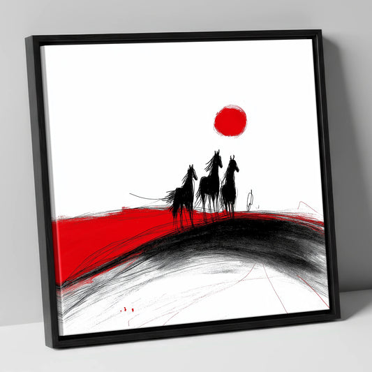 Crimson Sun Silhouettes horse landscape canvas wall art in black frame