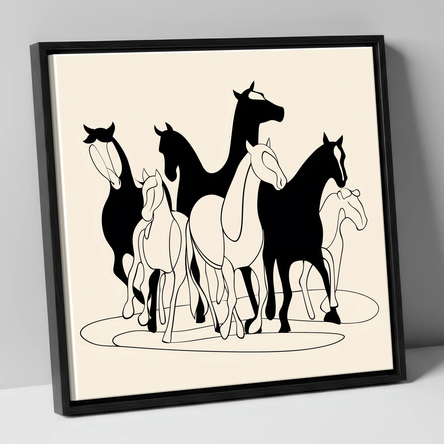 Monochrome Herd Silhouettes wild horses canvas wall art in black frame