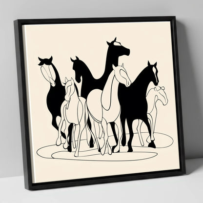 Monochrome Herd Silhouettes wild horses canvas wall art in black frame