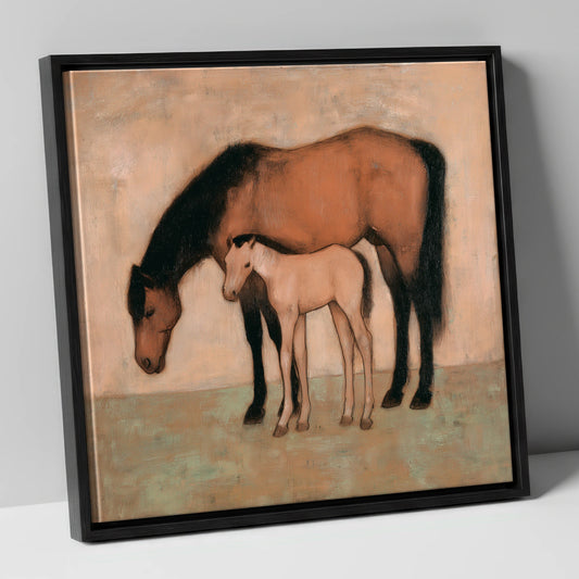Quiet Pasture Bond mare & foal canvas wall art in black frame