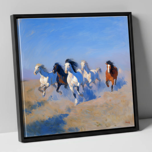 The Cerulean Gallop wild horses canvas wall art in black frame