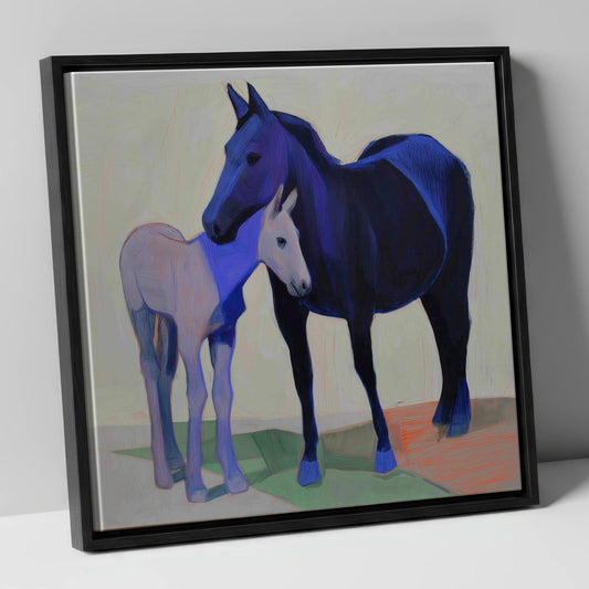 Indigo Embrace mare & foal canvas wall art in black frame