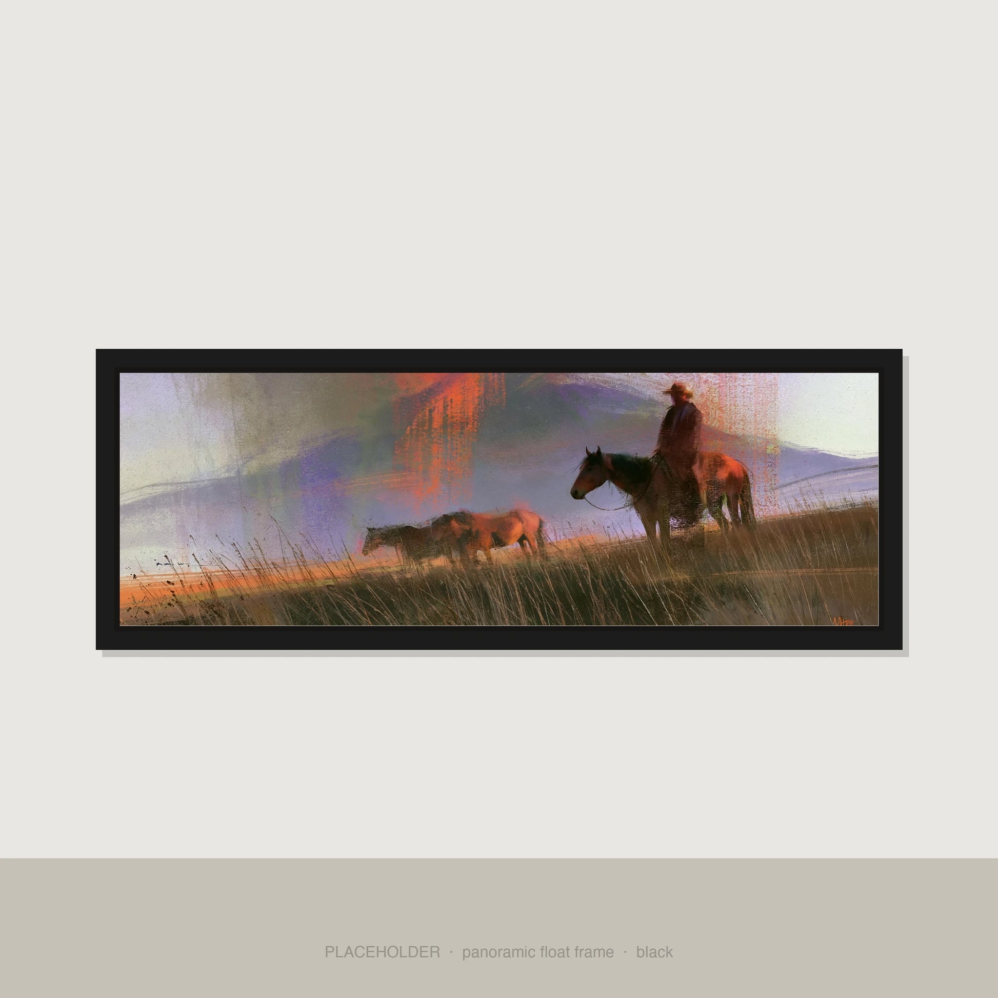 Trail Through Violet Skies Horse Landscape panoramic canvas wall art in black float frame