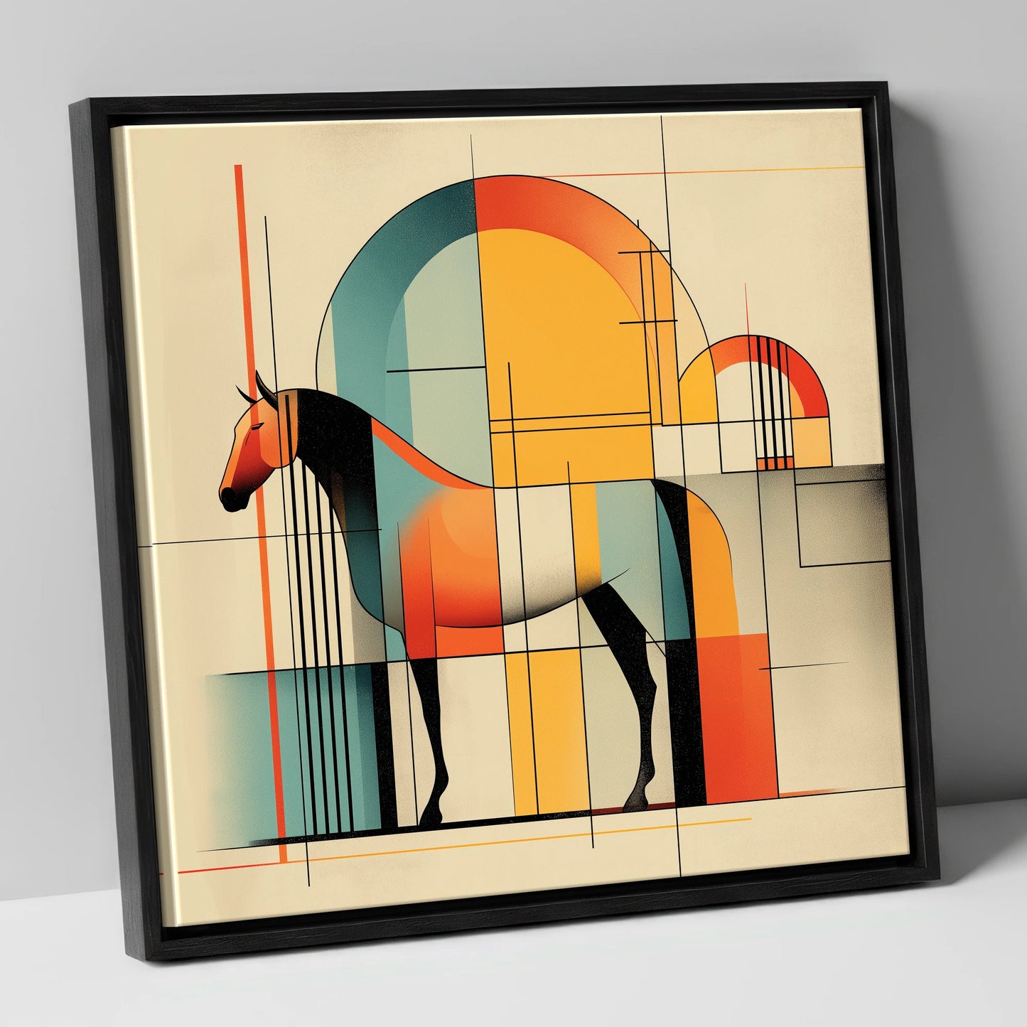 Structured Equine Harmony horse stable canvas wall art in black frame