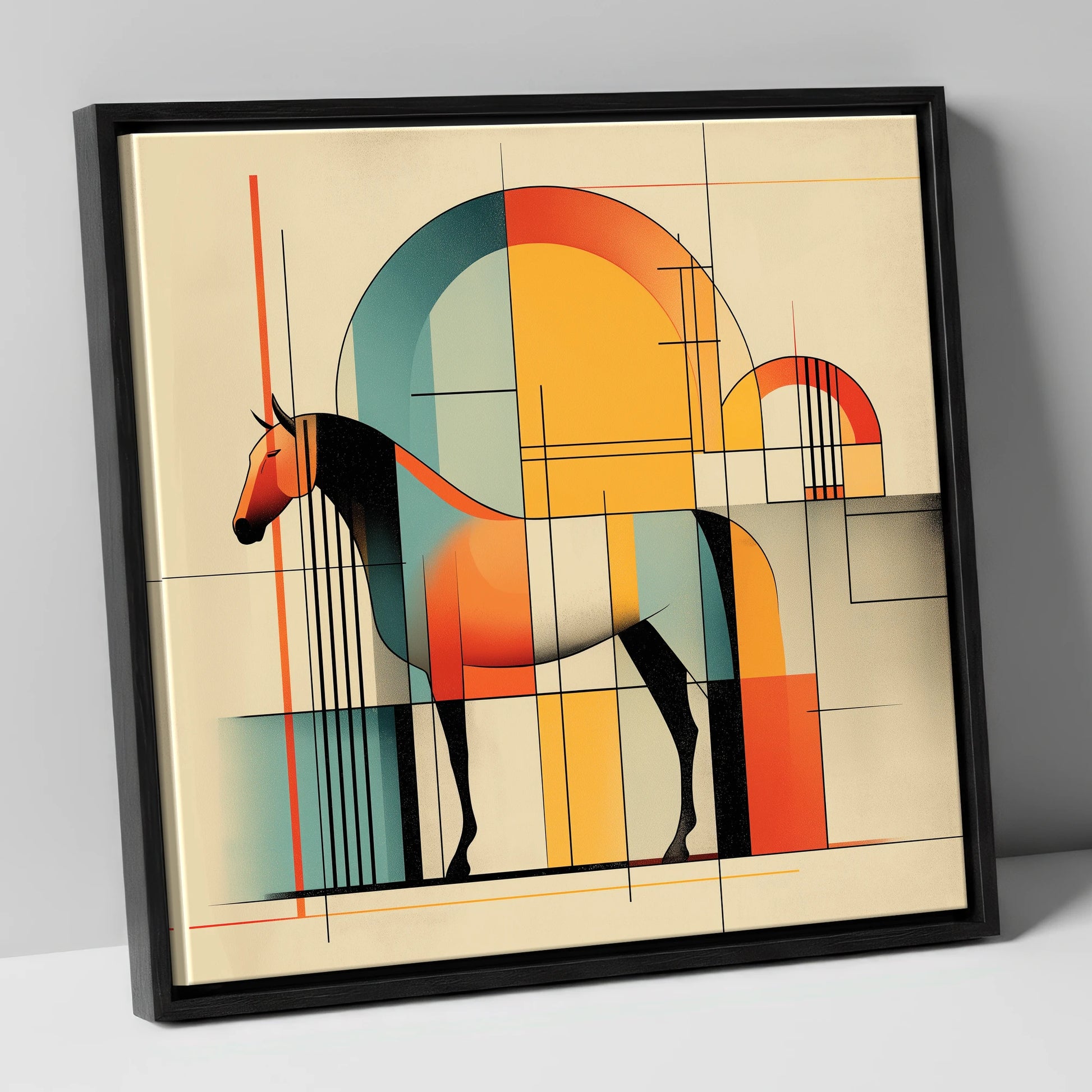 Structured Equine Harmony horse stable canvas wall art in black frame