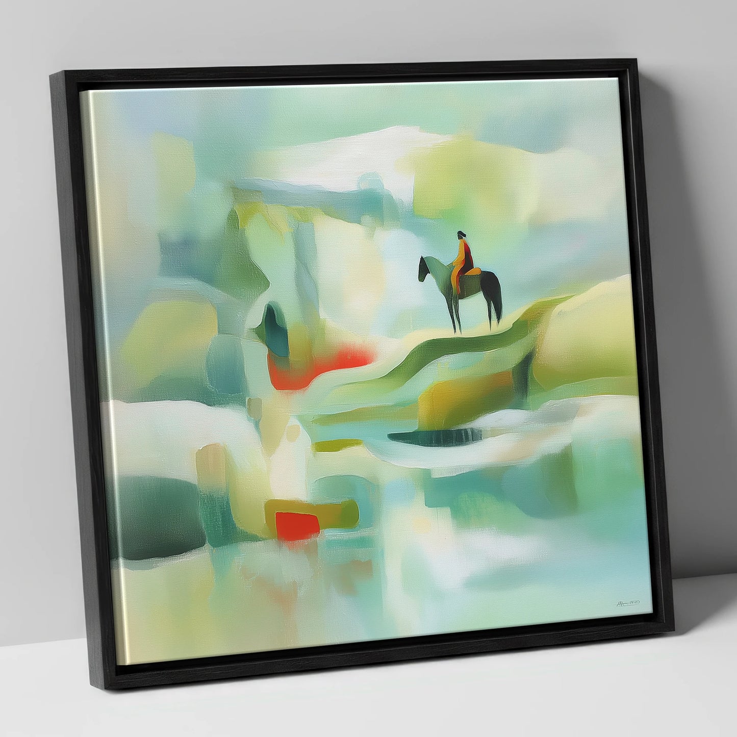 Serene Coastal Vantage beach horse canvas wall art in black frame