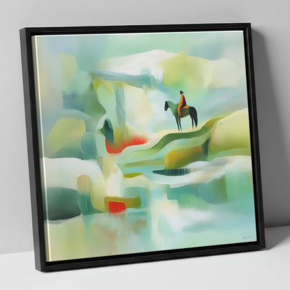 Serene Coastal Vantage beach horse canvas wall art in black frame