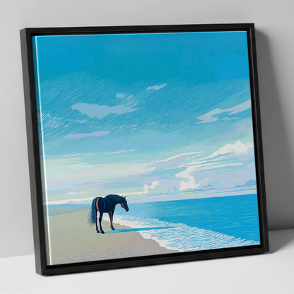 Solitude by the Sea horse landscape canvas wall art in black frame