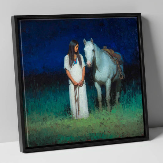 Quiet Night Vigil horse & rider canvas wall art in black frame