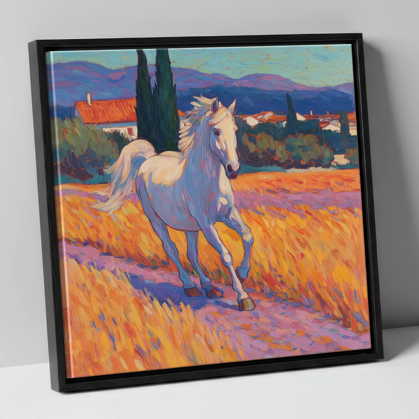 Sunlit Provincial Grey horse breed canvas wall art in black frame