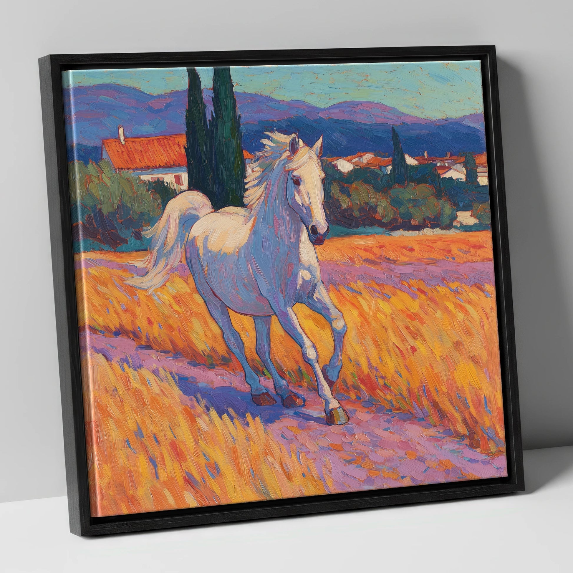 Sunlit Provincial Grey horse breed canvas wall art in black frame