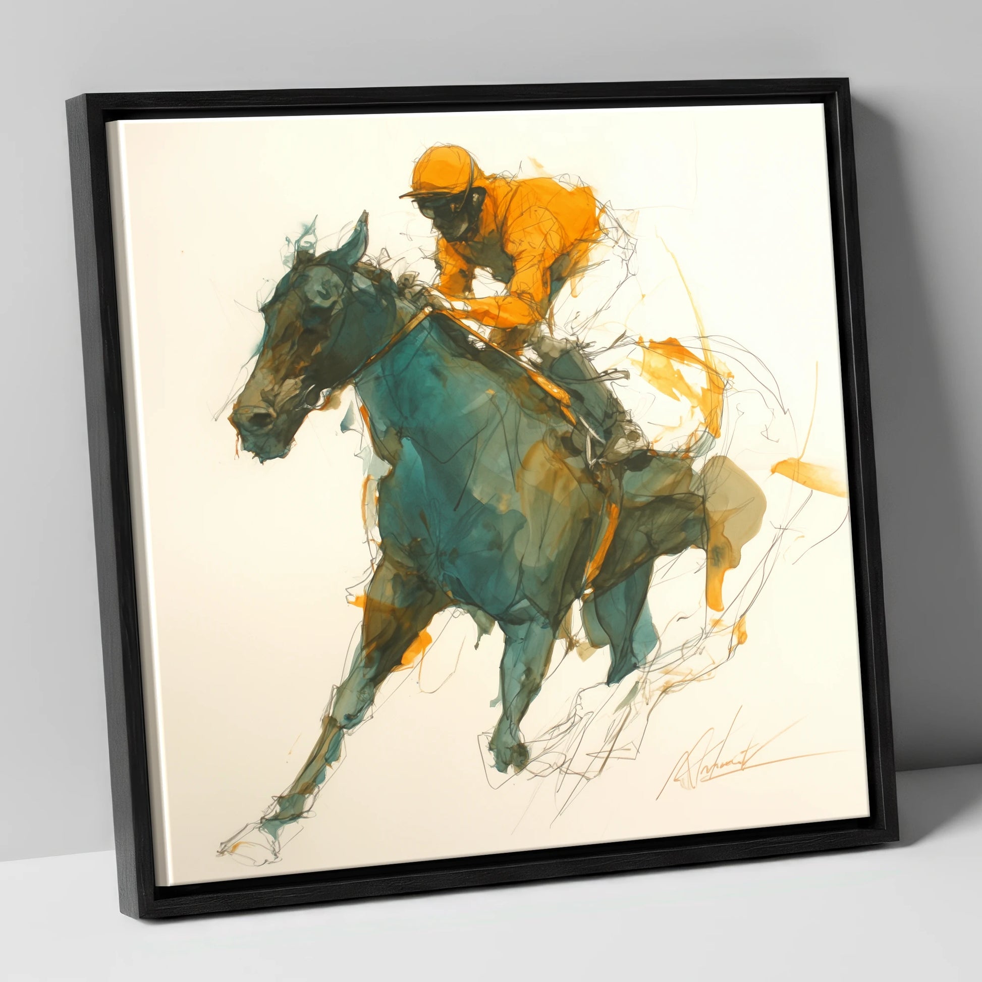 Amber Silks at Speed racing horse canvas wall art in black frame