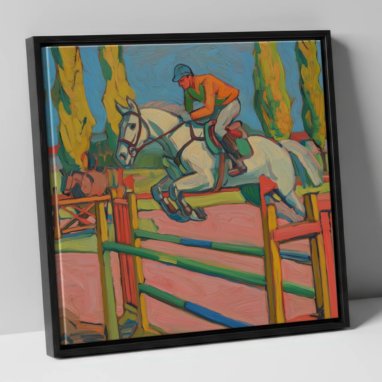 Vibrant Ascent show jumping horse canvas wall art in black frame