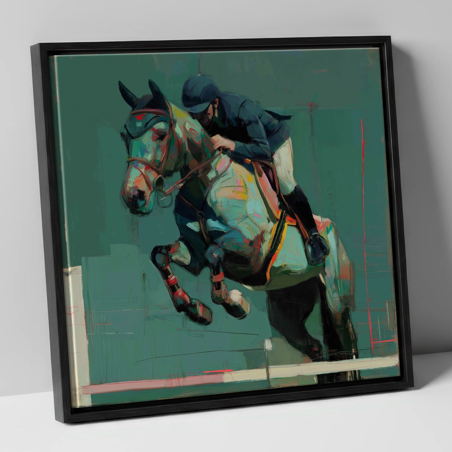 The Perfect Clearance show jumping horse canvas wall art in black frame