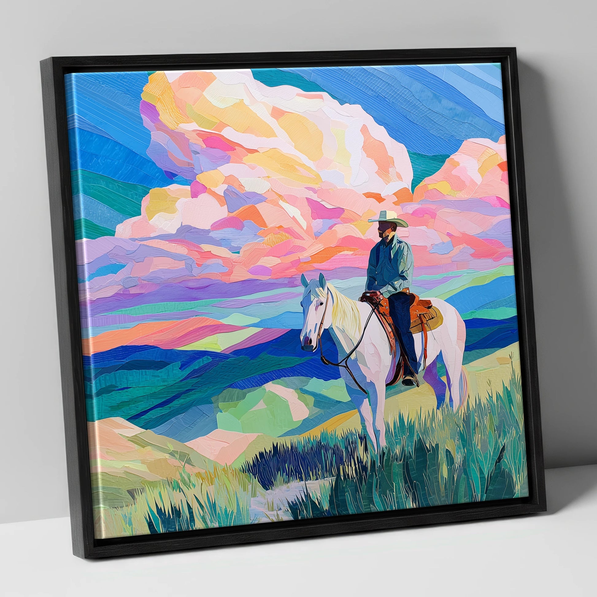 Painted Prairie Rider western horse canvas wall art in black frame