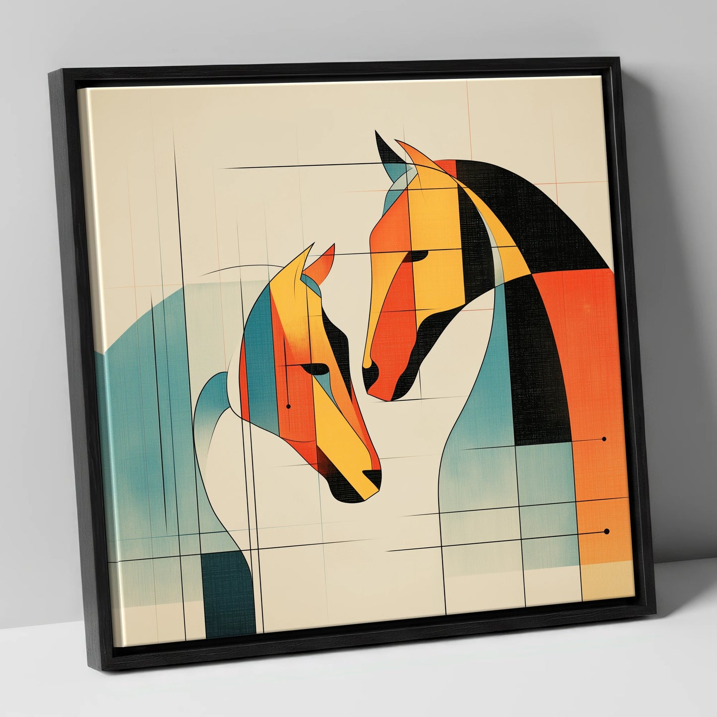 Geometric Equine Connection horse portrait canvas wall art in black frame